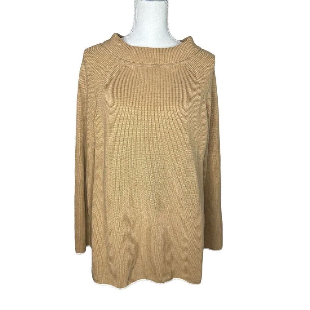 Talbots Womens Mock Neck Tan Camel Tunic Sweater White Hem Pima Cotton Sz 1x NWT
